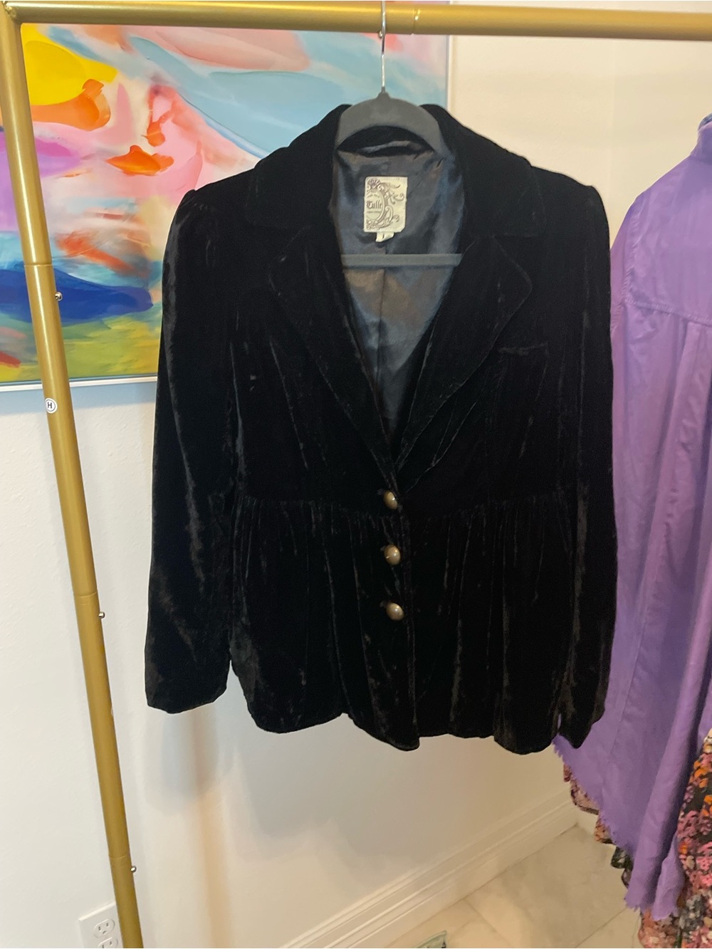 Tulle Vintage Style Black Velvet Blazer with Button Front Large